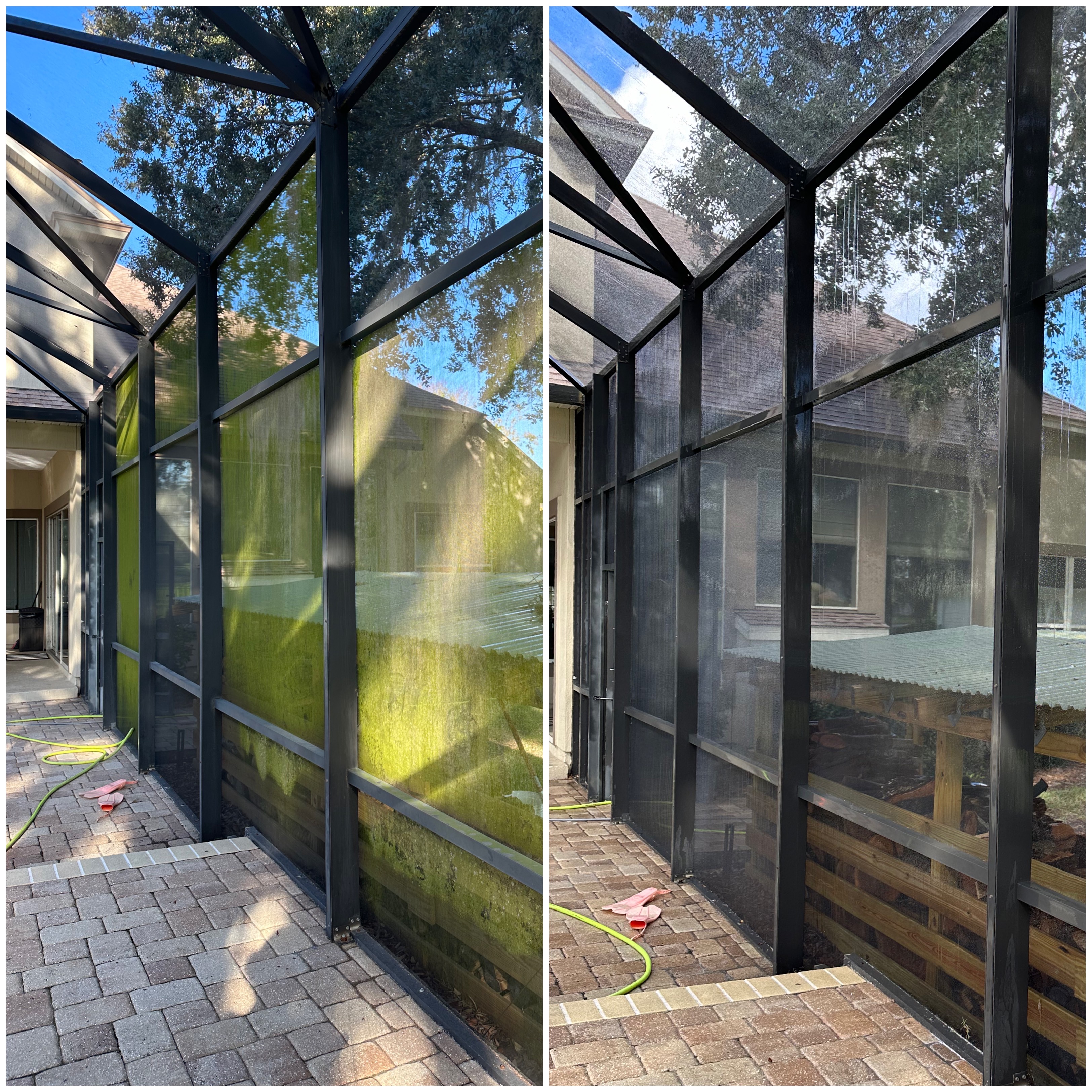 Composite before and after of a screened patio cleaning